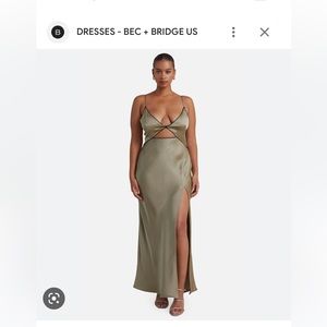 Bec & Bridge silk maxi dress in olive green, backless with slit